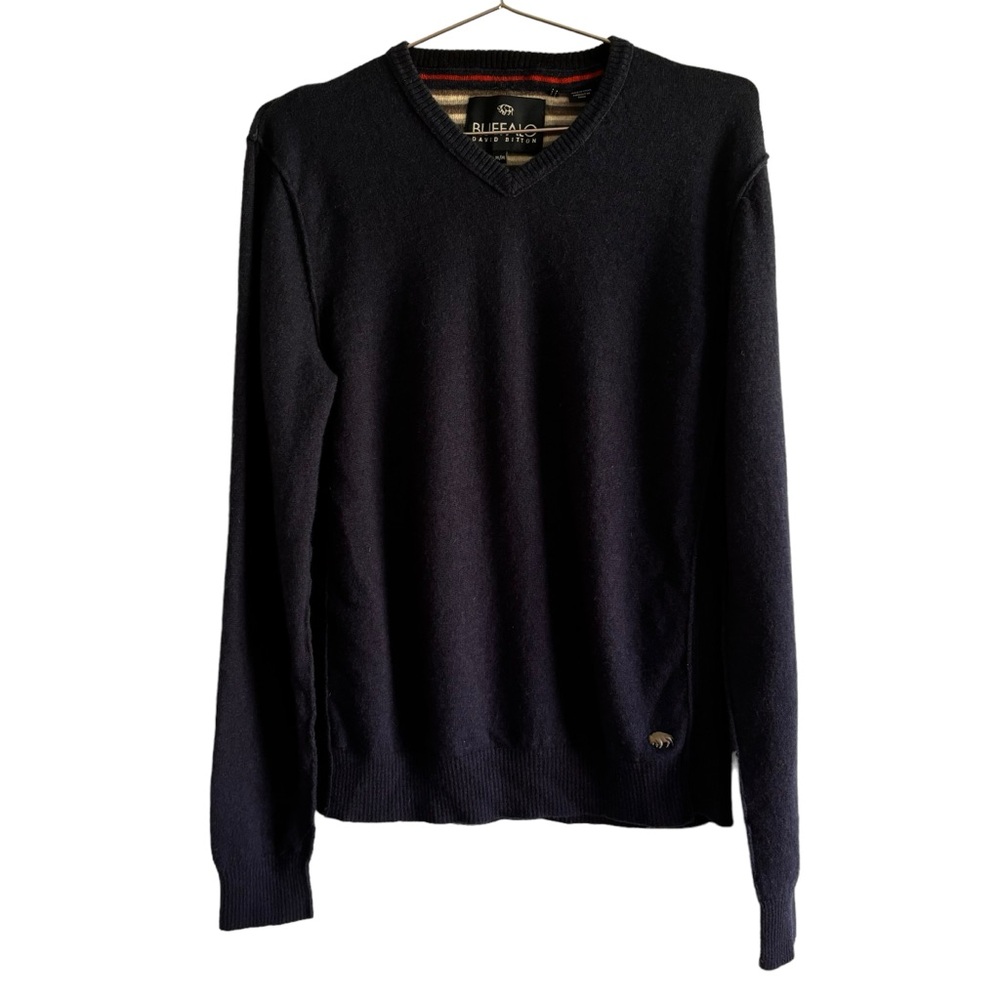 Buffalo David Bitton Men’s Blue V Neck Sweater Lambswool pullover elbow‎ patch